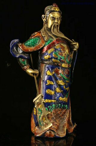 Old Chinese Bronze Cloisonne Enamel Gilt Guan Gong Yu Warrior God Dragon Statue 3