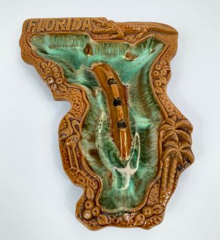 Vintage Florida Souvenir Ashtray Brown Drip Pottery State Shaped Japan