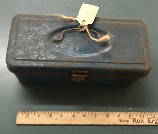 Vintage Small Metal Tool Tackle Box Blue Paint (11 " X 5 " X 4 ")