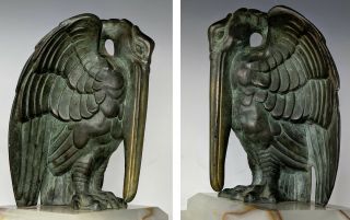 1920s Art Deco Pen Rest - Bronze Pelican Sculpture On Onyx Base,  Signed Amg 333