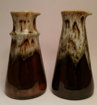 Vintage Ceramic Oil & Vinegar Cruet Set In Brown Wi/greenish Blue Drip Glaze