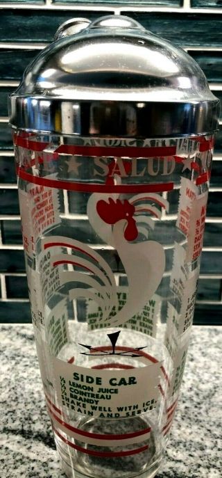 Vintage Large Mid Century Modern Cocktail Shaker Rooster Theme W/ Drink Recipes