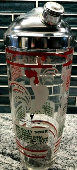 Vintage Large Mid Century Modern Cocktail Shaker Rooster Theme w/ Drink Recipes 3