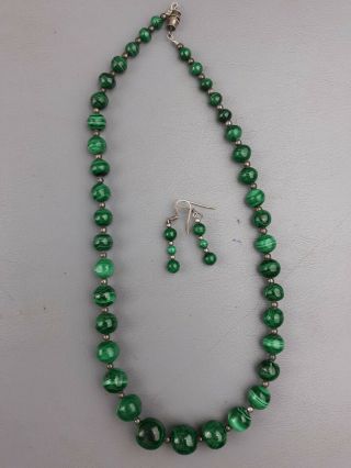 Vintage Malachite And Sterling Silver Graduated Bead Necklace Earrings