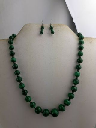 Vintage Malachite and Sterling Silver Graduated Bead Necklace Earrings 2
