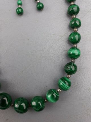 Vintage Malachite and Sterling Silver Graduated Bead Necklace Earrings 3