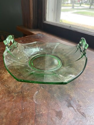 Vintage Green Depression Uranium Glass Candy Dish With Handles