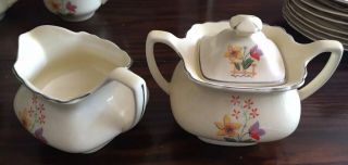 W.  S.  George Lido Canarytone Gaylea Floral Creamer & Sugar Bowl Set Vtg 1930s - 40s