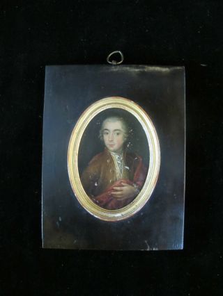 Antique 18th Century Miniature Painting Portrait Of Young Man On Wood