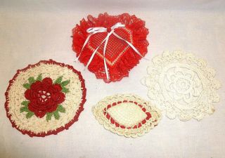 Vintage Crochet Red White Sachet Hearts Rose Flower Doilies Valentines