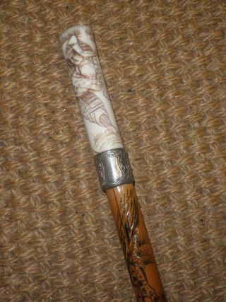Antique Oriental Themed Bamboo Walking Cane W/ Hand Carved Japanese Top & Shaft