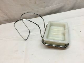 Vintage Metal Side Tub Mount Soap Dish Holder With Milk Glass Soap Dish 4in