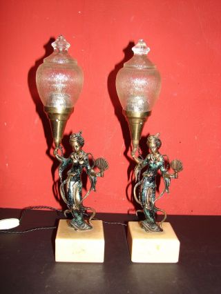 Antique Art Deco Painted Brass Figural Lamps