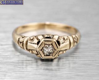Ladies Antique Victorian 14k Yellow Gold 0.  10ct Diamond Filigree Engagement Ring