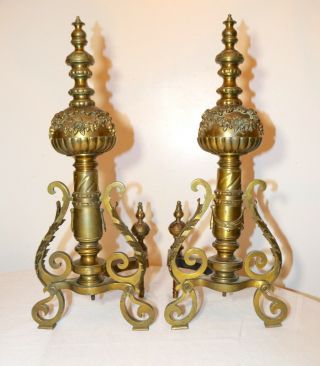 Antique Ornate Victorian Brass Cast Iron Fireplace Andirons Fire Dogs