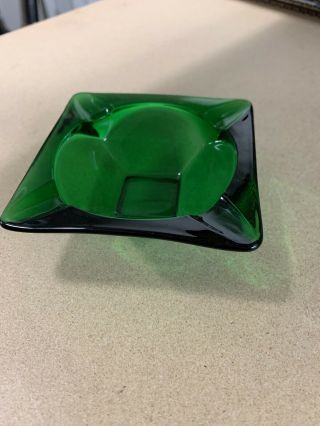 Vintage Emerald Green Glass Square Cigar Ashtray Mid Century Thick Large