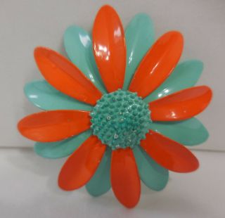 Vintage Aqua Blue Orange Daisy Enamel Flower Brooch Pin