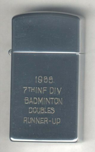 Vintage 1968 Slim Zippo Chrome Lighter 7th Inf Div Badminton Doubles Runner - Up