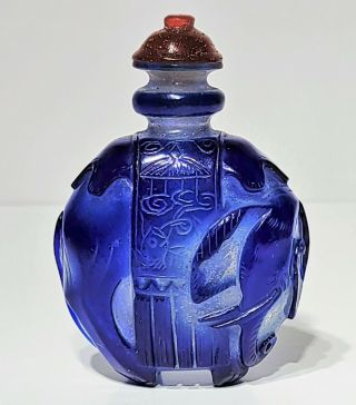 Antique Chinese Carved Peking Glass Blue Overlay Snuff Bottle Figural Elephant
