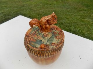 Rare Antique Weller Woodcraft Art Pottery Cracker Jar With Squirrel Lid 1920 