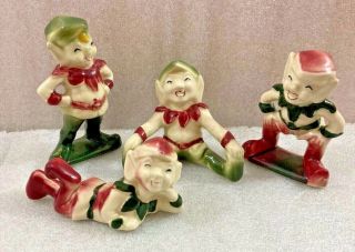 Vintage Laughing Pixie Elves Set Of 4.  Christmas Elves Glazed Ceramic