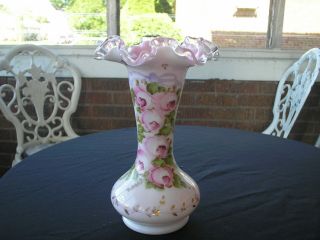 Vintage Fenton Pink Charleton Handpainted Flowers Silver Crest Ruffled Top Vase