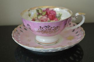 Vintage Pink Lusterware L M Royal Halsey Cup & Lefton Saucer Flower Snowflake I