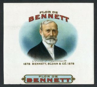 Old Flor De Bennett Cigar Label - Portrait,  Gold Trim,  1878 Bennett,  & Co.