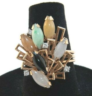 Vintage 14k Gold & Diamond Ring With Multi - Colored Jade,  5.  5 Grams Size 7 (jtc)