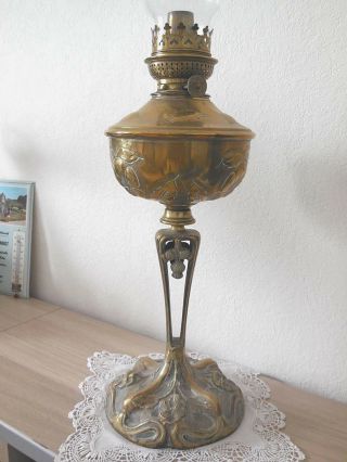 Antique French Kerosene Lamp - Handcarved Bronze & Hammered Brass - 19th C.
