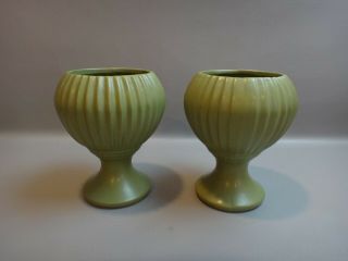 Pair Vintage Sage Green Floraline Pedestal Pottery Planter Vase 407