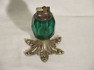 Vintage Green Glass Table Lighter Brass Footed