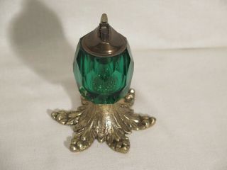 Vintage Green Glass Table Lighter brass footed 2