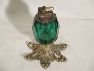 Vintage Green Glass Table Lighter brass footed 3