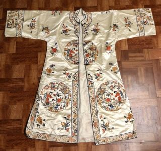 Gorgeous Antique Chinese Silk Robe With Figures,  Peking Knot Flowers & Symbols