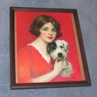 Antique Art Deco Picture Frame,  Vintage Haskell Coffin Print Of A Girl & Dog