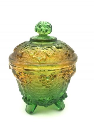 Vtg Green Yellow Glass Candy Jar W Lid Grapes Leaves Hobnail Circa 1960 - 70 