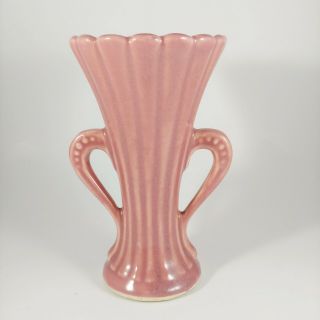 Vtg Usa Pottery Marked 5.  5 " Tall Rose Pink Double Handled Ribbed Ceramic Vase