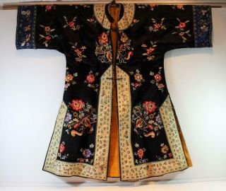 Antique Chinese Silk Embroidered Robe W/ Flowers & Insects Metallic Accents
