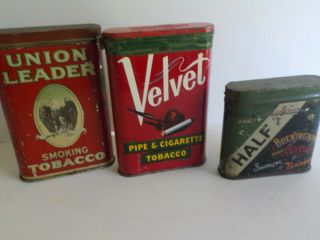 3 Vintage Tobacco Tins Union Leader,  Velvet Never Opened Buckingham Still Full
