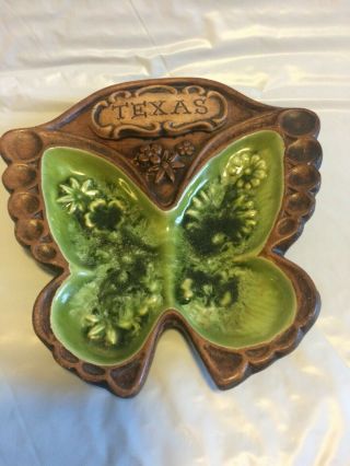 Vintage Treasure Craft Ashtray Texas Green Butterfly Faux Wood Tone 5.  5x5.  5 Mcm