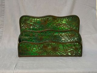 Antique Tiffany Studios Pine Needle Paper Rack Bronze & Glass Patina Green Glass