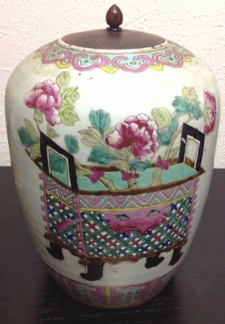 $335 Large Antique Chinese Famille Rose Ginger Pot with Wood Lid 2