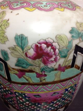 $335 Large Antique Chinese Famille Rose Ginger Pot with Wood Lid 3