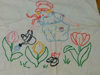 Vtg Completed Embroidered Dutch Girl Watering Can Tulips Block Quakertown Art
