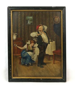 Antique 18th Century Dutch Oil Painting Portrait Of Man And Seamstress