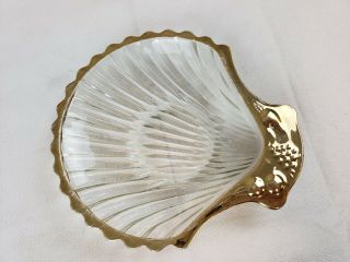 Vintage Set of 2 Clear Glass Scallop Shell Shaped Plate Dishes With Gold Rim PT4 2