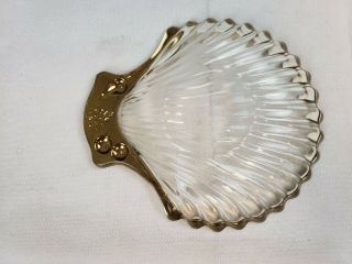Vintage Set of 2 Clear Glass Scallop Shell Shaped Plate Dishes With Gold Rim PT4 3