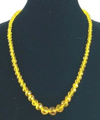 Vintage Graduated Faceted Amber Gold Yellow Glass Crystal Bead Necklace 24 Inch