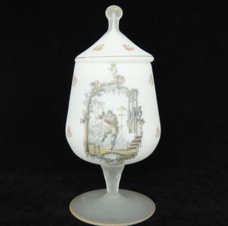 Vintage White Frosted Glass Pedestal Jar With Lid Asian Transfers 7.  5 " Opaque